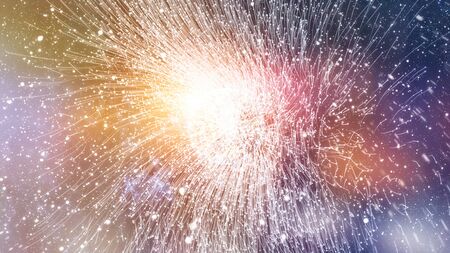 Abstract digital background graphic with simple random blurry small circles bokeh particular pattern design, beautiful neon flame light particulars growing in the spaceの写真素材