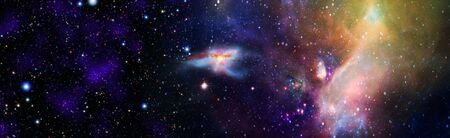 Astronomy graphic design background with nebula and glowing stars in deep universe.