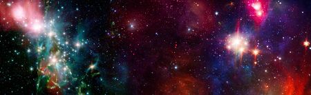 Astronomy graphic design background with nebula and glowing stars in deep universe. Abstract image.