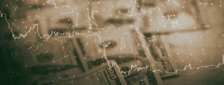 financial instruments with various type of indicators including volume analysis for professional technical analysis on the monitor of a computer. Fundamental and technical analysis concept.の写真素材