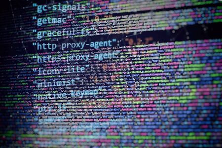 CSS, JavaScript and HTML usage. Monitor closeup of function source code. Abstract IT technology background. Software source code.の写真素材