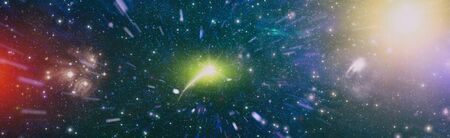New large panoramic looking into deep space. Dark night sky full of stars. The nebula in outer...