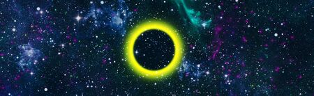 Solar eclipse Panoramic looking into deep space. Dark night sky full of stars. The nebula in outer...
