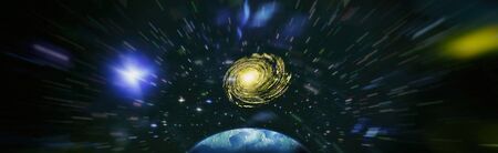 Earth panoramic looking into deep space. Dark night sky full of stars. The nebula in outer space.