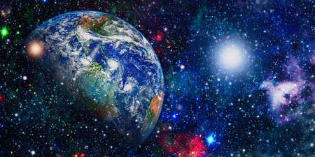 Earth and galaxies in space. Science fiction art.の写真素材