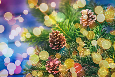 Christmas background, shishbka on a wooden board with a beautiful background