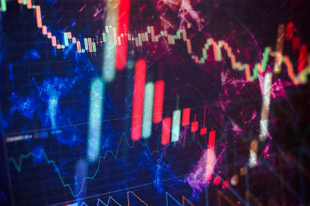 Technical price graph and indicator, red and green candlestick chart on blue theme screen, market...
