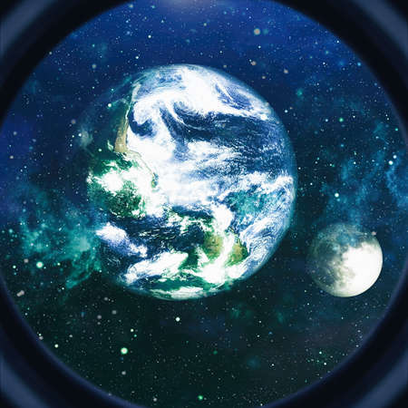 Overall views of Mir over the Earth horizon , Survey views Space Station during flyaround.の写真素材