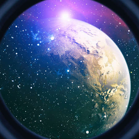 Overall views of Mir over the Earth horizon , Survey views Space Station during flyaround.の写真素材