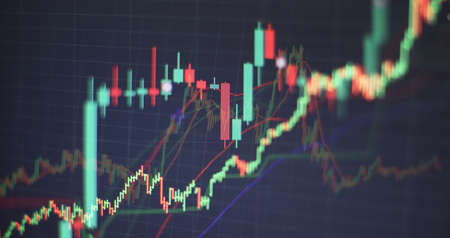 Technical price graph and indicator, red and green candlestick chart on blue theme screen, market...