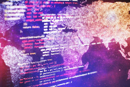 HTML5 in editor for website development. Website HTML Code on the Laptop Display Closeup Photo....