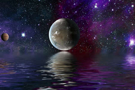 space planet in space reflected in water. galaxy stars night sky