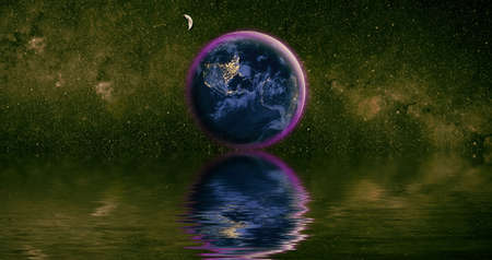 Beautiful unusual space planet in space reflected in water. Our beautiful Earth in reflection of...