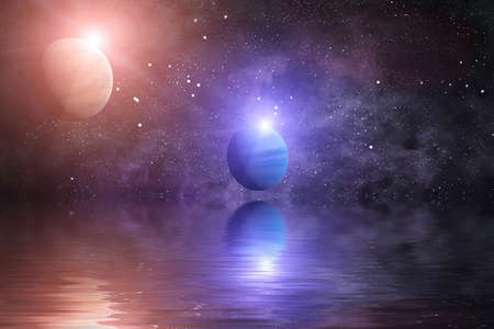 Beautiful unusual space planet in space reflected in water, galaxy stars night sky