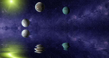 Beautiful unusual space planet in space reflected in water, galaxy stars night sky