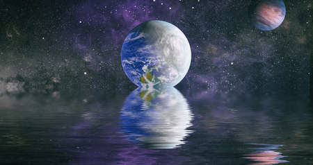 Beautiful unusual space planet in space reflected in water, galaxy stars night sky
