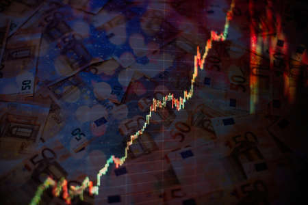 Display of quotes pricing graph visualization. Stock market graph and bar chart price display.の写真素材