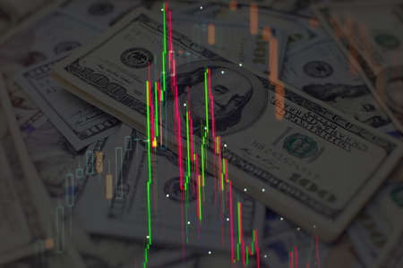 Technical price graph and indicator, red and green candlestick chart on blue theme screen, market volatility, up and down trend. Stock trading, crypto currency background.の写真素材