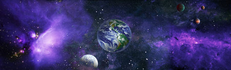 Earth from space. Earth globe with stars and nebula background. Earth, Galaxy and Sun from space. Blue Sunrise.の写真素材