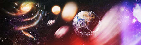 Earth and Moon from space, World Globe from Space. Blue Sunrise View From Space. Showing Night Sky With Stars and Nebula.の写真素材