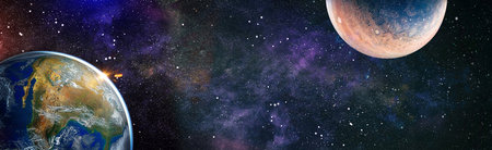 Earth from space. Earth globe with stars and nebula background. Earth, Galaxy and Sun from space. Blue Sunrise.の写真素材