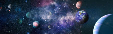 Planet earth and star over milky way background, Blue planet for wallpaper. Green planet or Globe on...