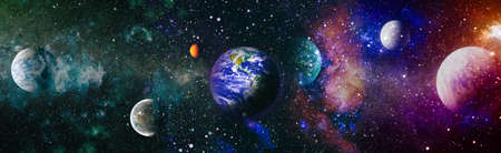 Earth from space. Earth globe with stars and nebula background. Earth, Galaxy and Sun from space. Blue Sunrise.の写真素材