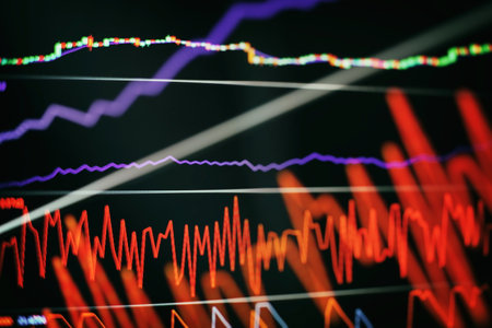 Technical price graph and indicator, red and green candlestick chart on blue theme screen, market volatility, up and down trend. Stock trading, crypto currency background.の写真素材