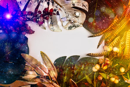 Spring flower background with paper card note. Flat lay. Nature concept. Nature Trendy Decorative Design.の写真素材