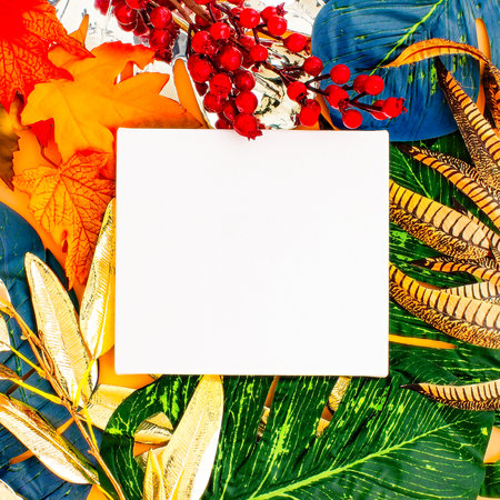 Spring flower background with paper card note. Flat lay. Nature concept. Nature Trendy Decorative...