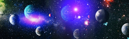 Panorama view universe space. Cosmic landscape, beautiful science fiction wallpaper with endless...