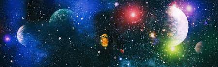Panorama view universe space. Cosmic landscape, beautiful science fiction wallpaper with endless...