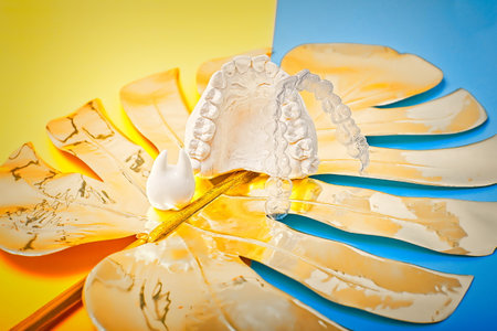 Orthodontic dental theme on blue and yellow background. Transparent invisible dental aligners or...