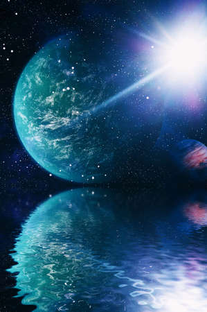 Beautiful unusual space planet in space reflected in water, galaxy stars night sky