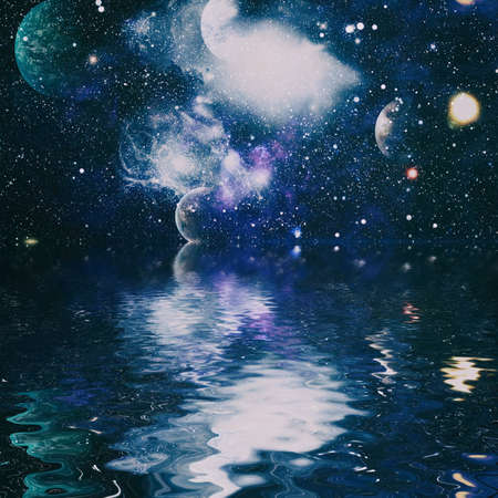 Beautiful unusual space planet in space reflected in water, galaxy stars night sky