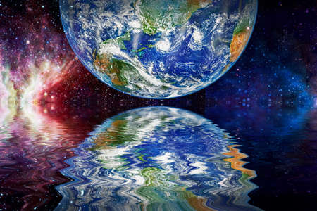 Beautiful unusual space planet in space reflected in water, galaxy stars night sky