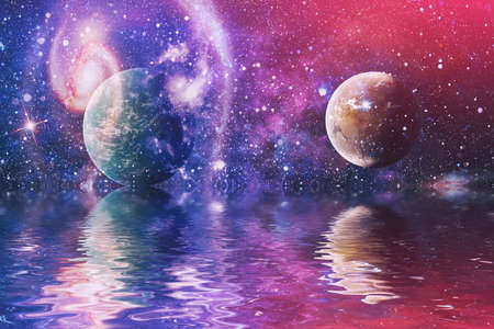 Beautiful unusual space planet in space reflected in water, galaxy stars night skyの写真素材