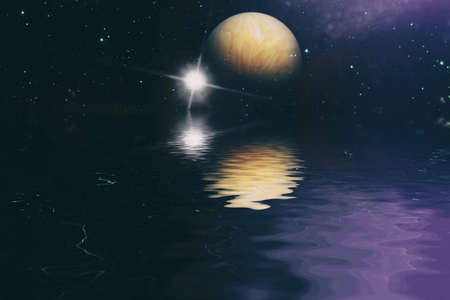 Beautiful unusual space planet in space reflected in water, galaxy stars night sky