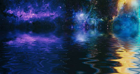 Beautiful unusual space planet in space reflected in water, galaxy stars night sky