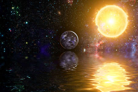 Beautiful unusual space planet in space reflected in water, galaxy stars night skyの写真素材