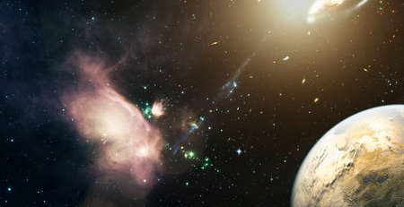Giant glowing nebula. Space background with red nebula and stars.