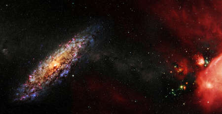 Giant glowing nebula. Space background with red nebula and stars.