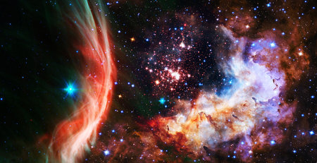 Giant glowing nebula. Space background with red nebula and stars.