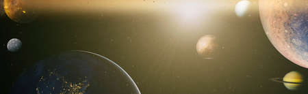 Sun, mercury, Venus, planet earth, Mars, Jupiter, Saturn, Uranus, Neptune. Solar system planet, comet, sun and star.の写真素材