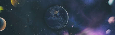 Sun, mercury, Venus, planet earth, Mars, Jupiter, Saturn, Uranus, Neptune. Solar system planet, comet, sun and star.の写真素材