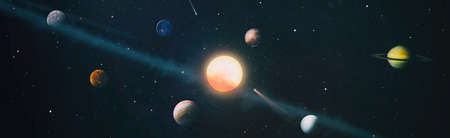 Sun, mercury, Venus, planet earth, Mars, Jupiter, Saturn, Uranus, Neptune. Solar system planet, comet, sun and star.の写真素材