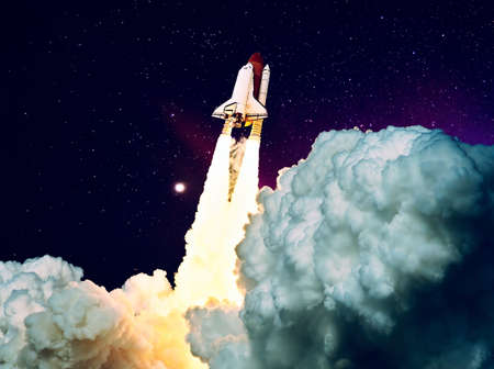 Spaceship takes off into the starry sky. Launch of Space.