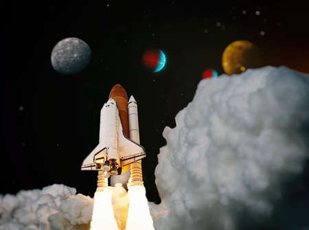 Spaceship takes off into the starry sky. Launch of Space.