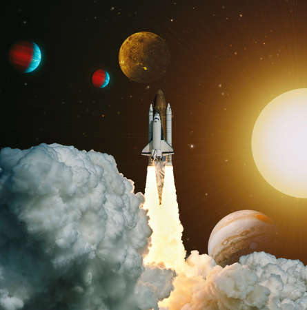 Rocket starts into space. Launch of Space, Spaceship takes off into the night sky.