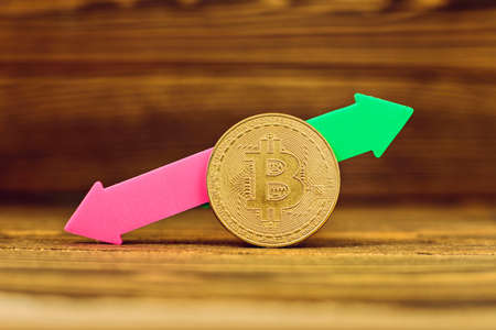 Bitcoins with Candle stick graph chart and digital background.Golden coin with icon letter B. Mining or blockchain technologyの写真素材